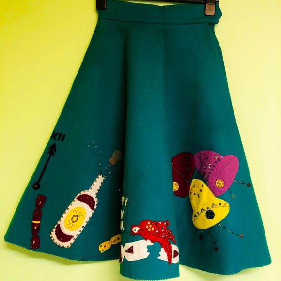 Vintage NEW YEAR CIRCLE SKIRT from the 50's, wool felt. Size XS. Rockabilly!!! - Picture 10 of 14